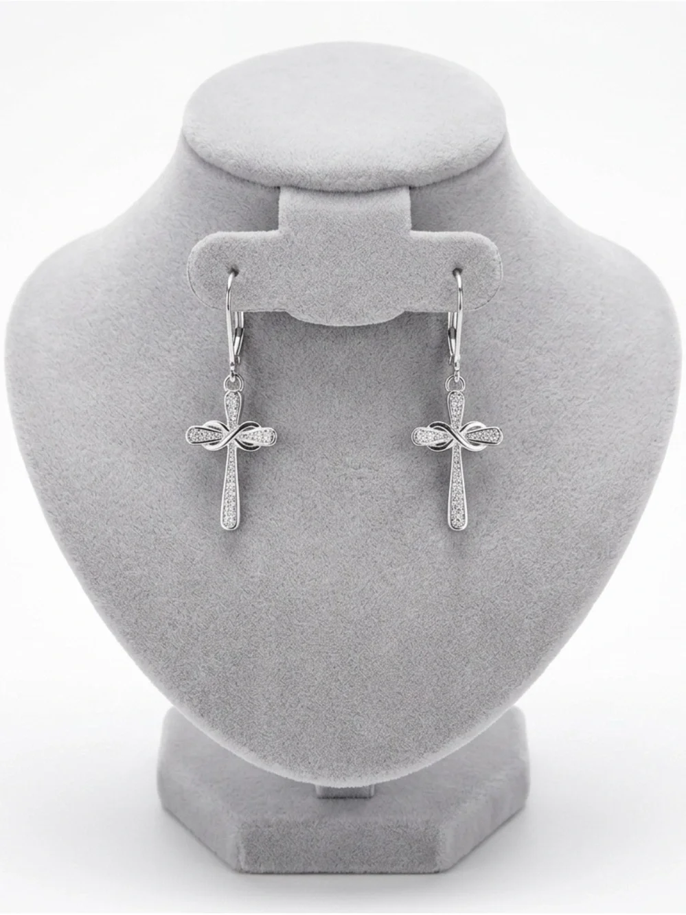 New Woman’s Sterling Silver Infinity Crucifix Cross White Sapphire Earrings